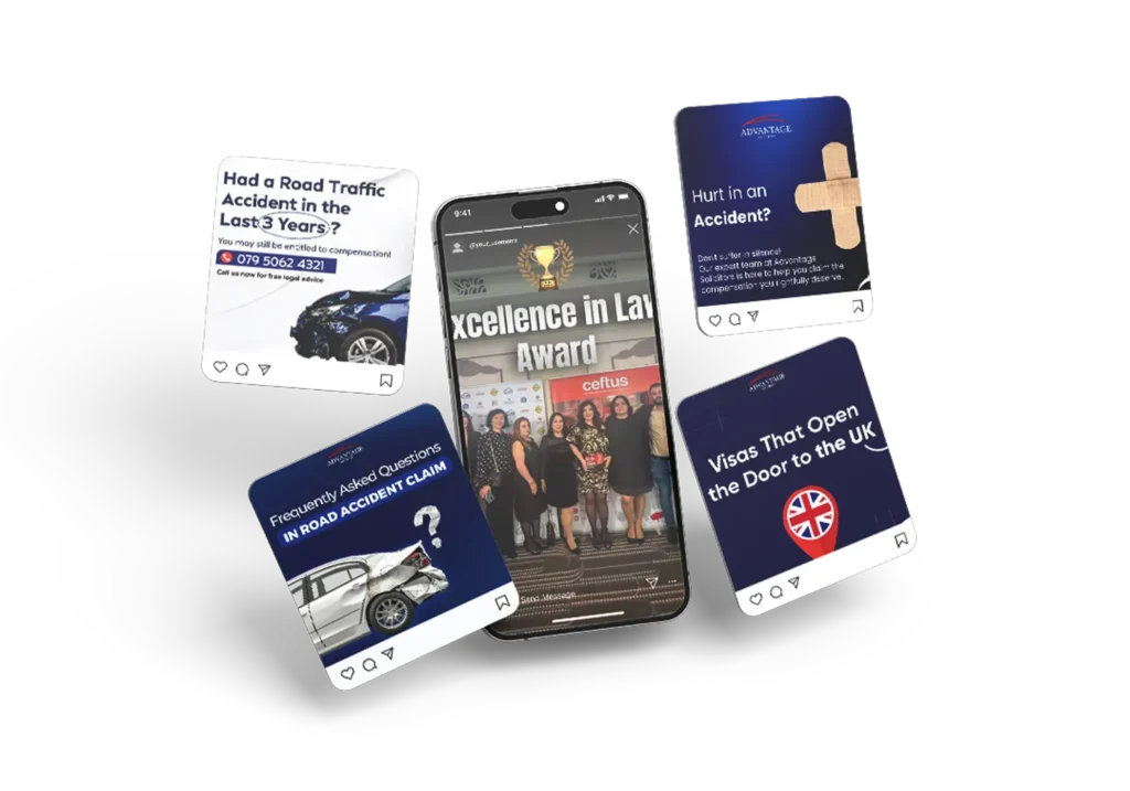 A smartphone surrounded by legal-themed social media cards. Central card shows a group winning an award. The tone is professional and informative.