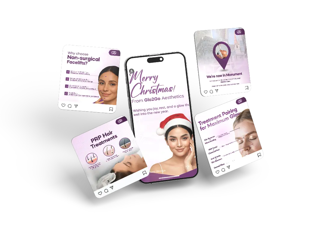 A collage of Instagram posts features a central phone displaying a "Merry Christmas" message with a woman in a Santa hat. Surrounding posts highlight non-surgical facelifts, PRP hair treatments, new location announcement, and treatment pairings, set against a festive, cheerful tone.