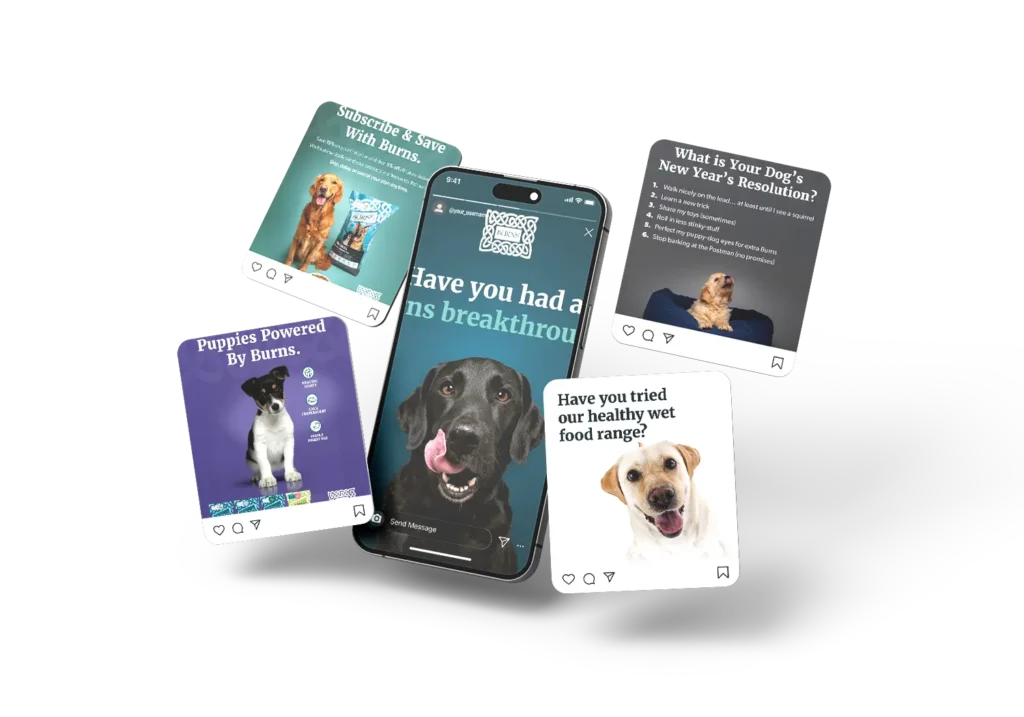 A smartphone screen displays a black dog with its tongue out, surrounded by playful pet food ads featuring various happy dogs against bright backgrounds.
