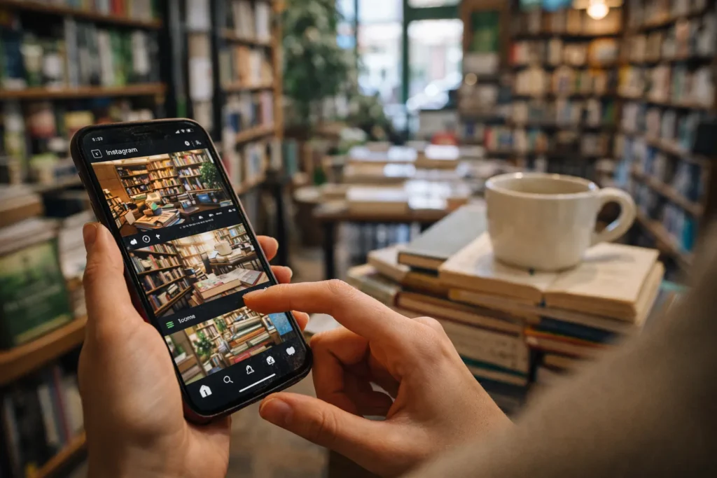 How UK Small Businesses Can Grow with Affordable Social Media Management Services 2026? 1 Woman using smartphone promoting affordable social media management UK