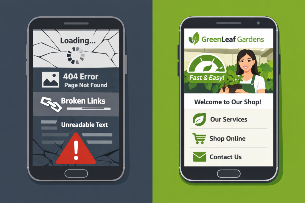 Affordable web design UK comparison showing a poor website versus a fast mobile-friendly small business site