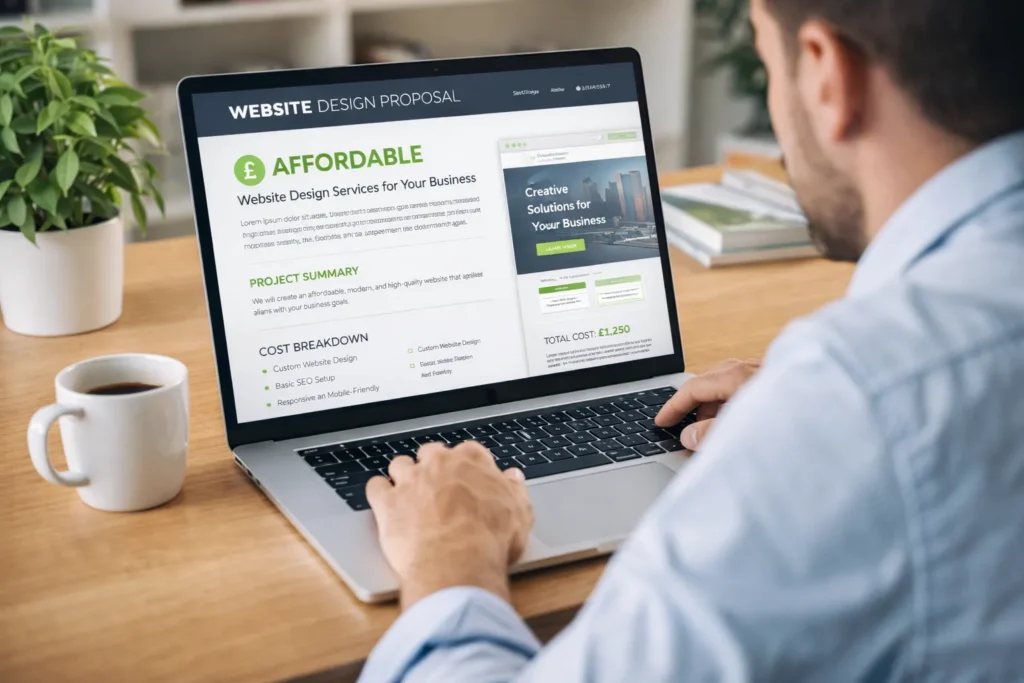 Affordable web design UK small business owner reviewing website proposal