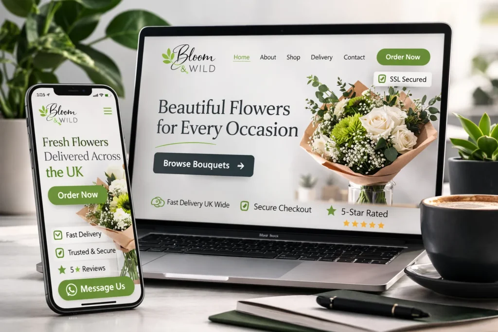 Affordable website design UK showing mobile responsive layout with SSL and speed features