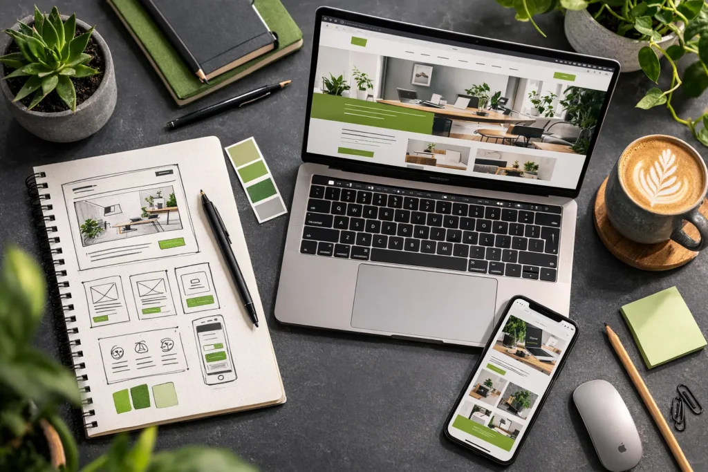 Bespoke affordable web design UK workspace with custom website on screen
