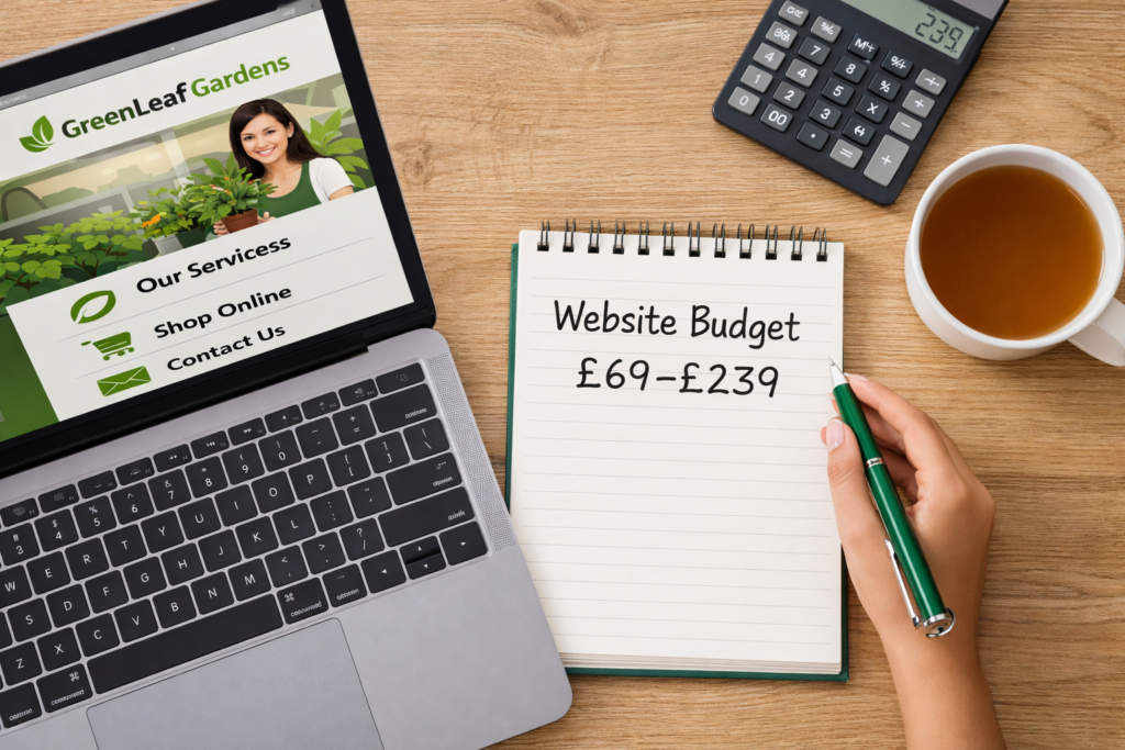 Budget web design services UK planning checklist with pricing notebook and laptop showing a small business website