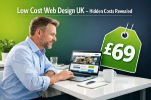 Low cost web design for small businesses UK hidden costs revealed with pricing breakdown and website planning on a desk