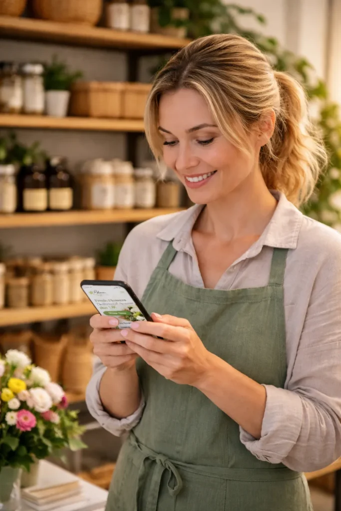 Small business owner in UK viewing affordable web design package on mobile phone