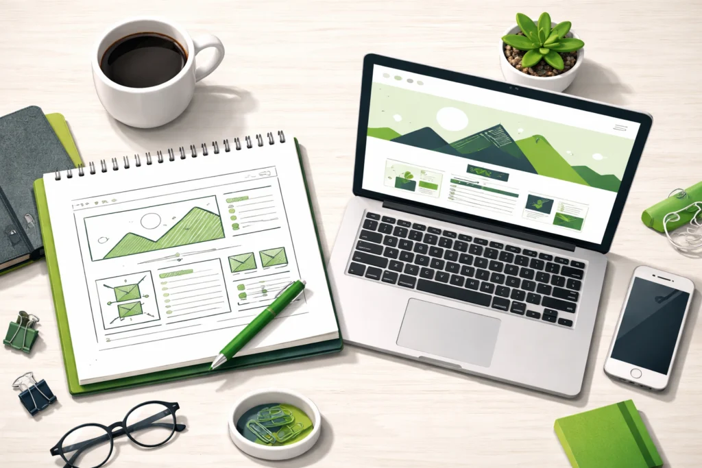 Small business owner planning affordable website design services UK 2026