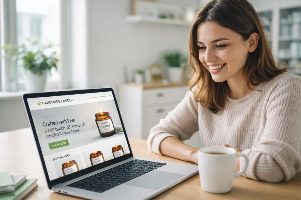 Small business owner reviewing affordable web design UK package on laptop