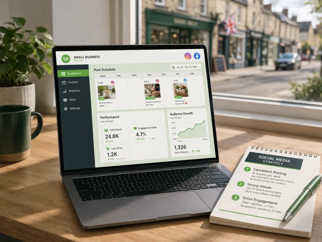 How to Choose the Right Social Media Management Company for Your Small Business 1 Small business social media strategy dashboard UK agency management 2026