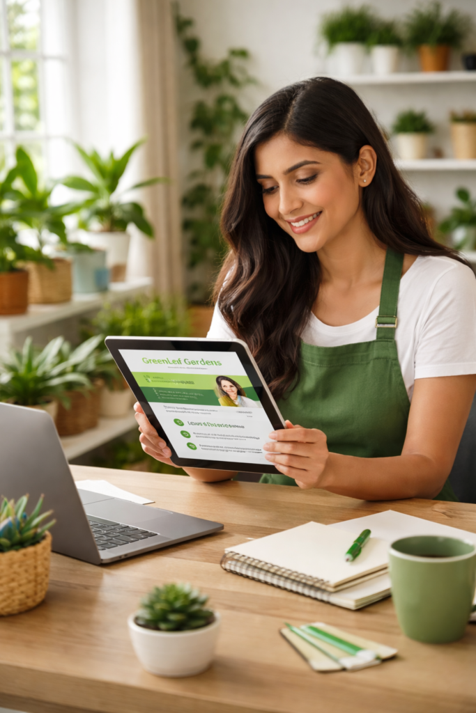 Small business website design cost UK example showing a business owner reviewing her new affordable website on a tablet