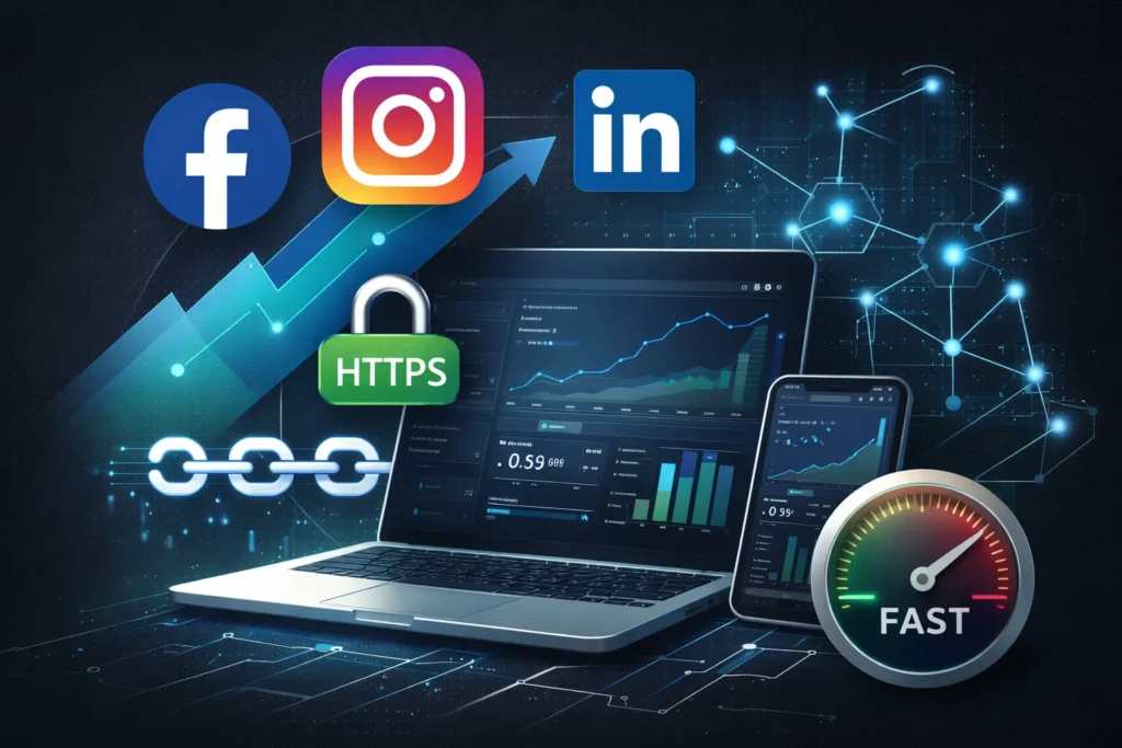 Social media supports SEO infographic showing SSL security, mobile design, fast pages, and internal links boosting website performance.