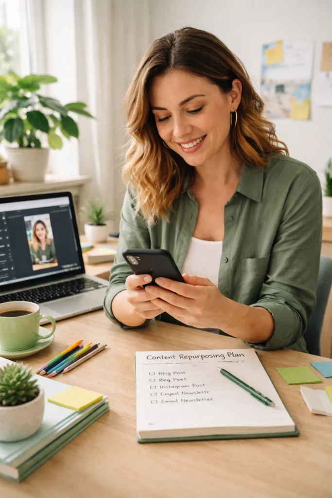 UK small business owner creating affordable social media content on a budget using repurposing strategy