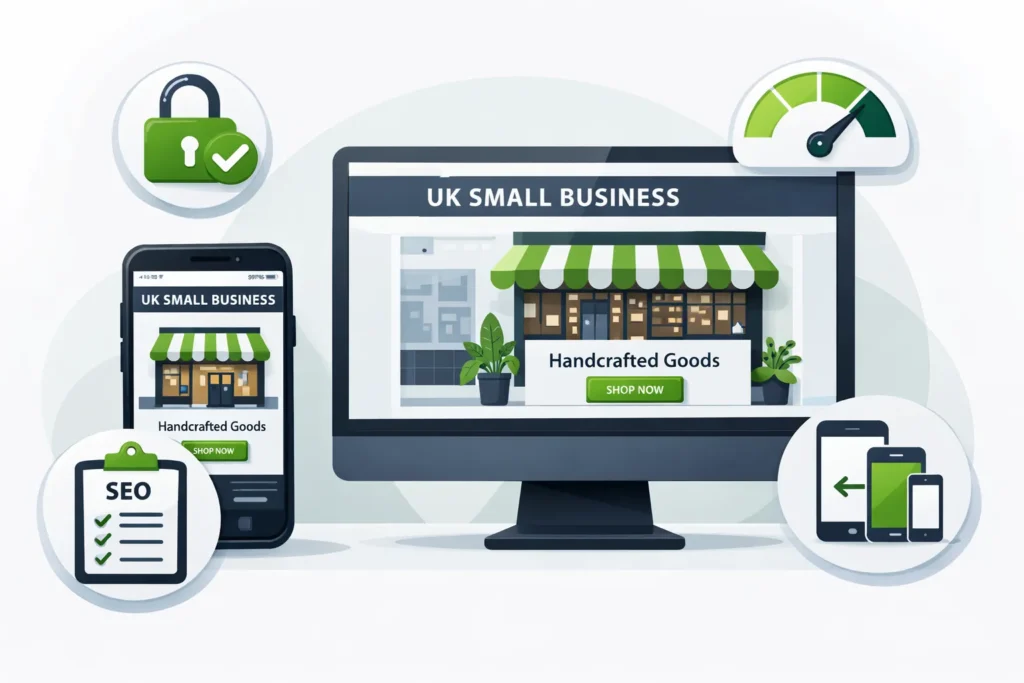 affordable web design UK checklist showing SSL speed and SEO features for small business websites