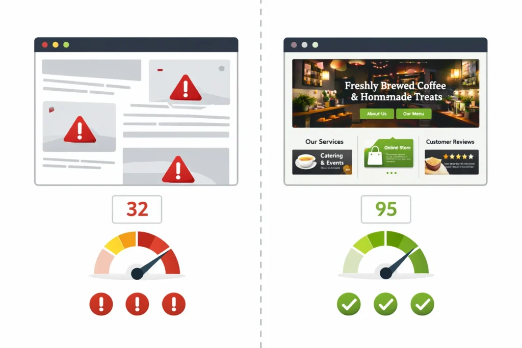 Affordable web design UK showing fast mobile website vs slow website comparison for small businesses