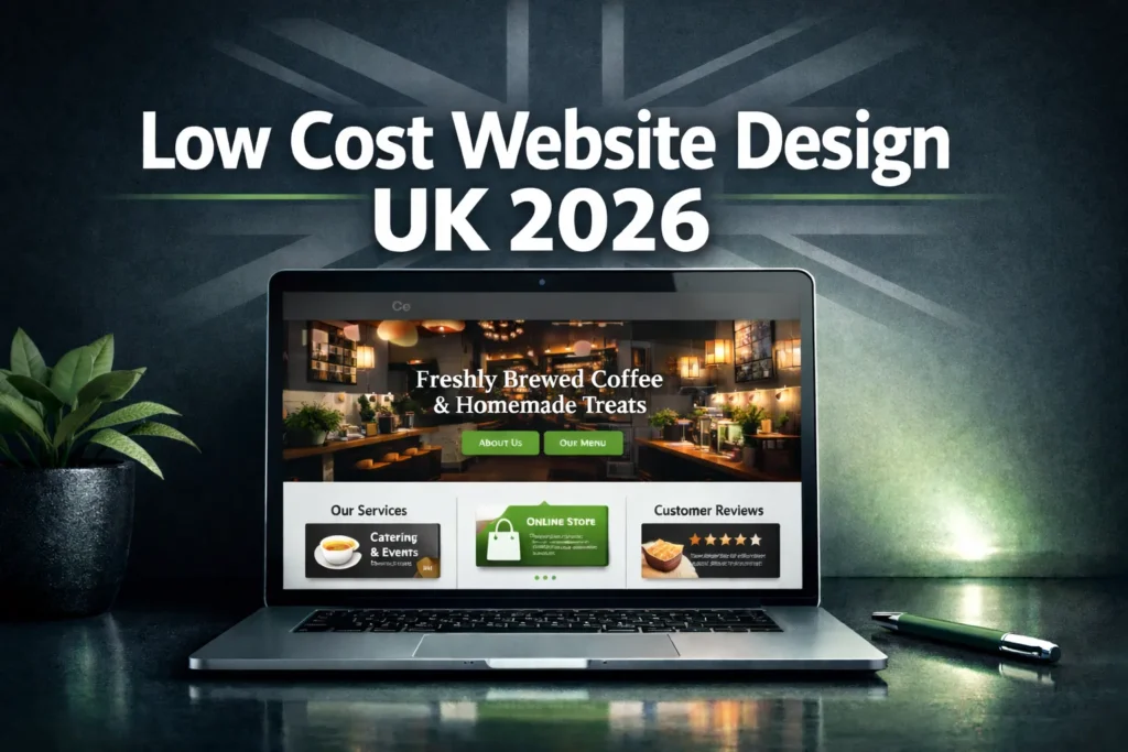 low cost website design UK 2026 thumbnail showing modern UK business website on laptop
