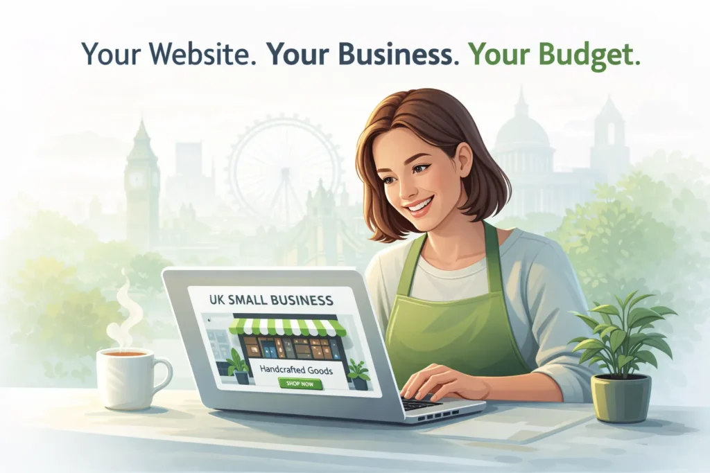 small business website design cost UK showing happy business owner launching affordable website