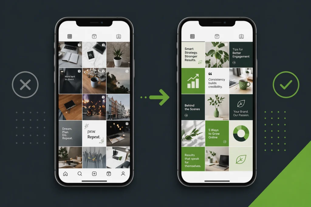 How Much Does Social Media Management Really Cost in the UK? (2026 Pricing Guide) 4 Comparison of unmanaged vs professionally managed social media feed for a UK small business
