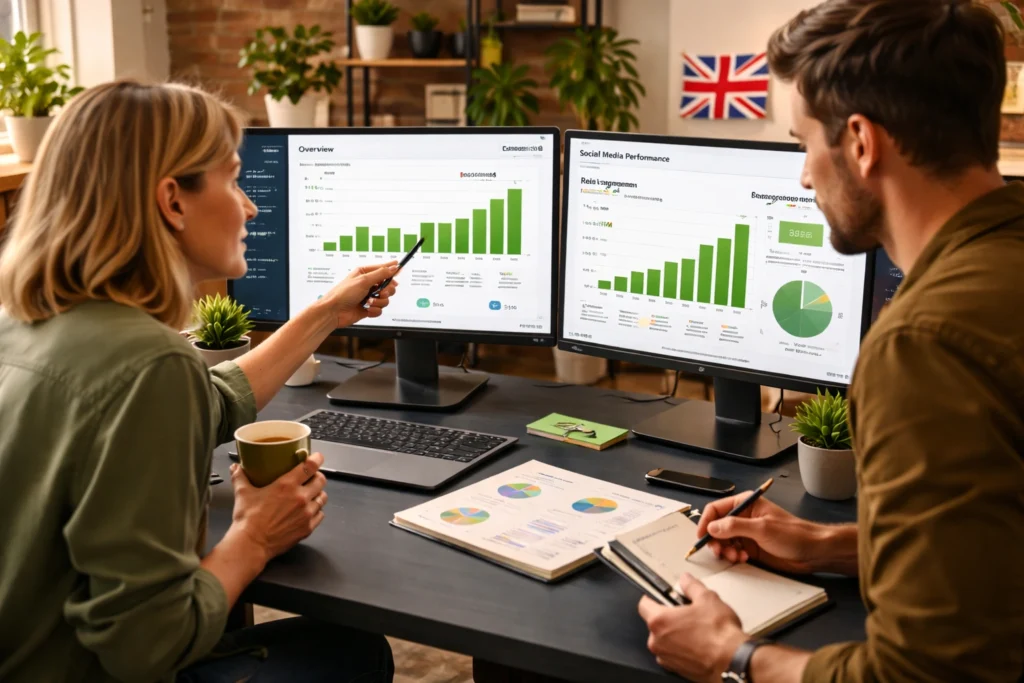 Content creation services UK agency team reviewing social media performance analytics for a client brand