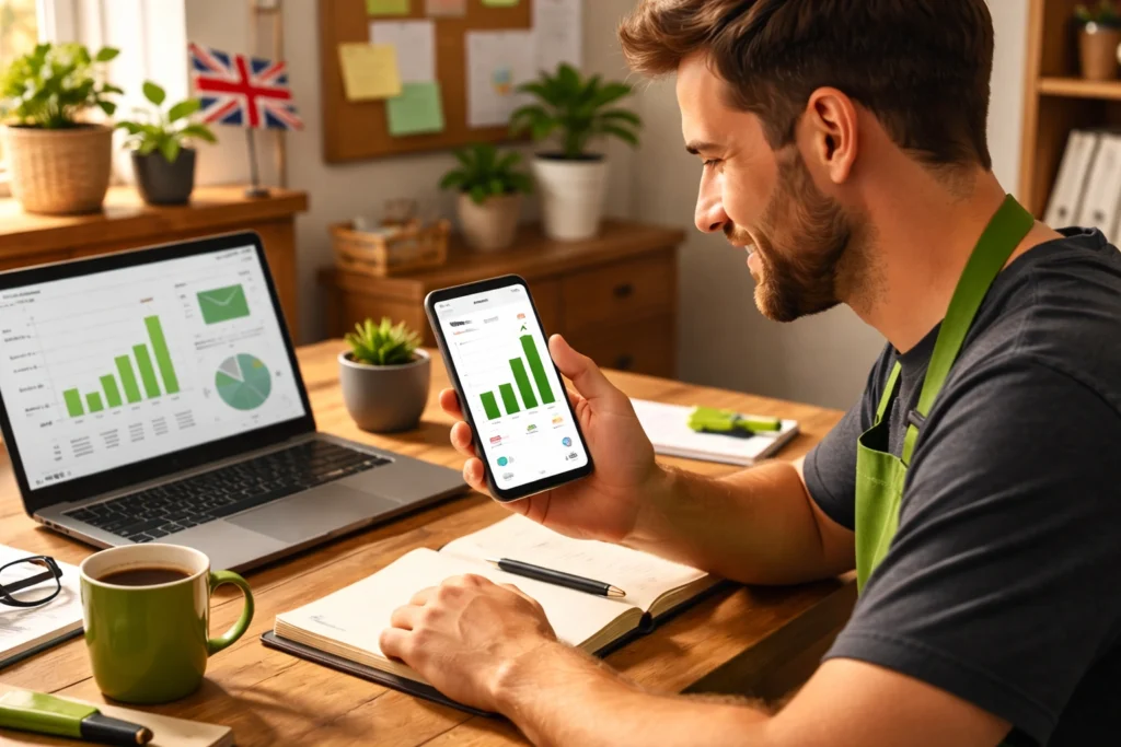 Social media analytics UK showing performance growth for a small business owner reviewing monthly reports