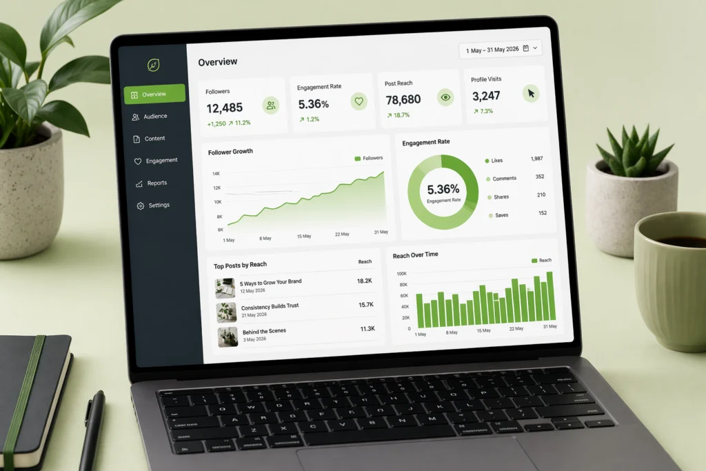How Much Does Social Media Management Really Cost in the UK? (2026 Pricing Guide) 5 Social media analytics dashboard showing engagement and growth metrics for a UK small business account