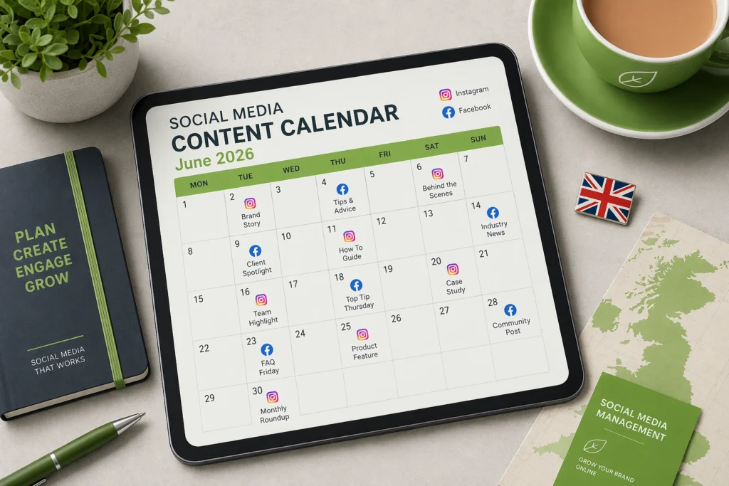 How Much Does Social Media Management Really Cost in the UK? (2026 Pricing Guide) 1 Social media content calendar for UK small business showing scheduled posts and platform icons