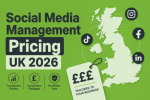 Social media management pricing UK 2026 guide with pound signs and platform icons on a green background