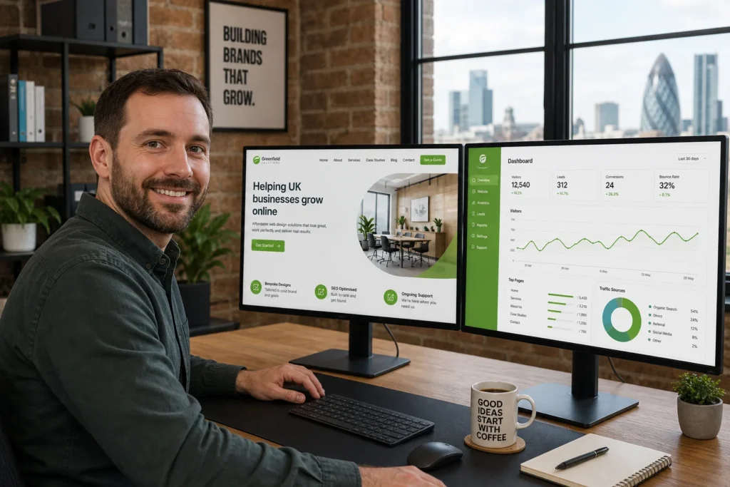Affordable web design UK small business owner reviewing website analytics