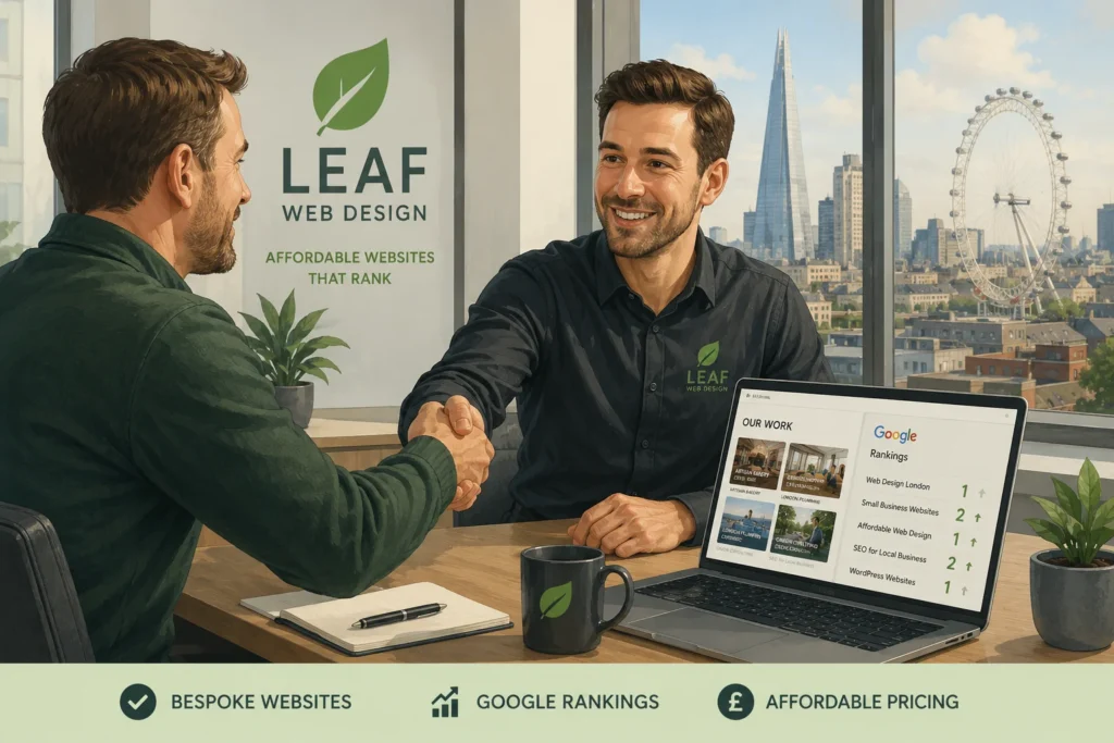 UK small business owner choosing affordable web design agency with good Google rankings