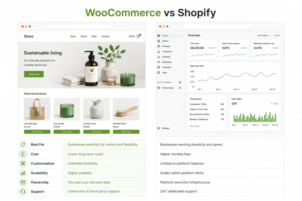 WordPress WooCommerce vs Shopify comparison affordable UK ecommerce web design