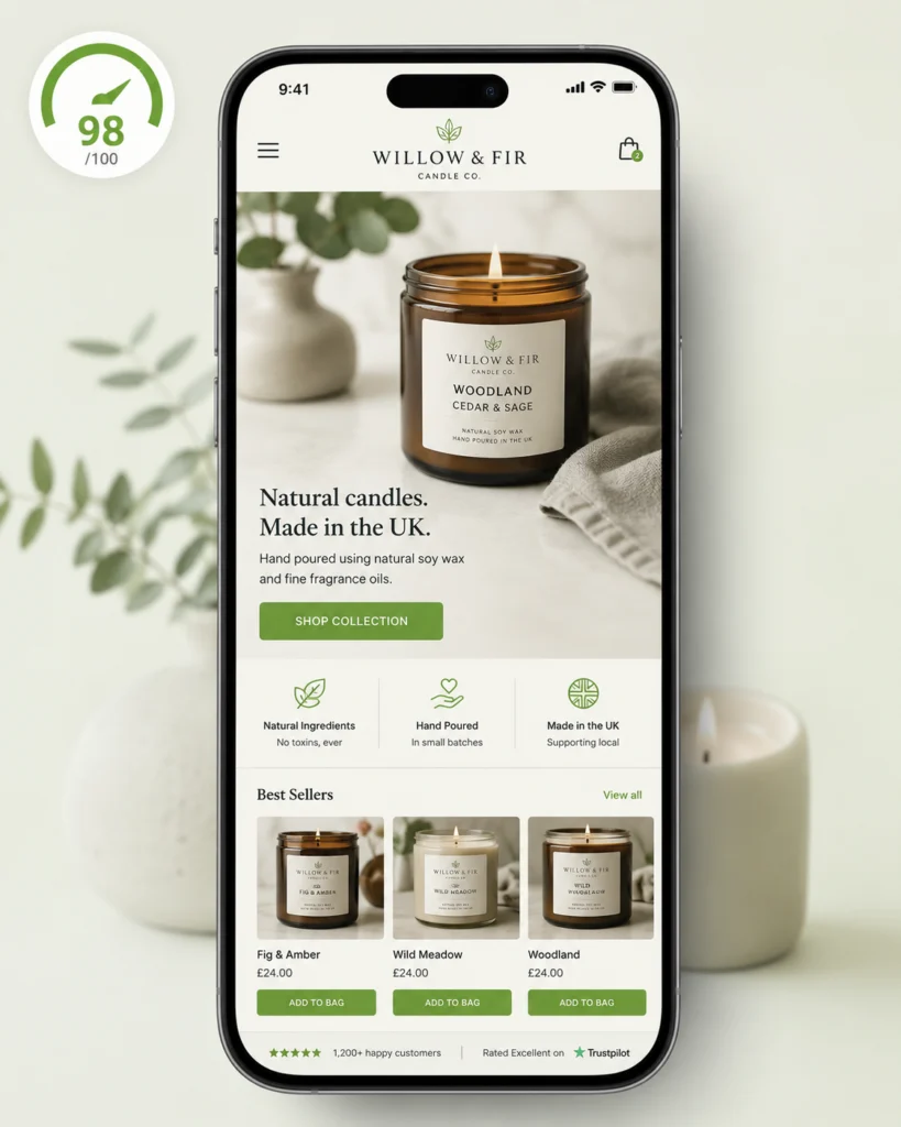 Professional Web Design UK: What to Look For in 2026 2 Affordable ecommerce web design UK showing improved mobile speed score for small business