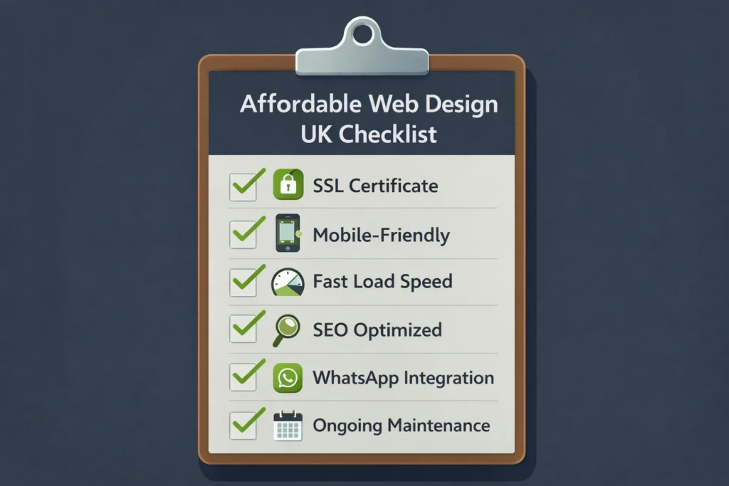 The Ultimate Guide to Website Design Services in the UK (2026) 1 Affordable web design UK checklist showing SSL speed SEO and mobile features