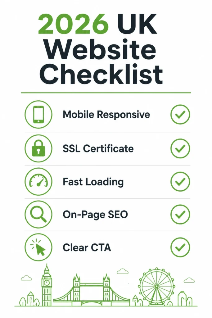 Affordable web design UK checklist showing essential features for 2026 websites