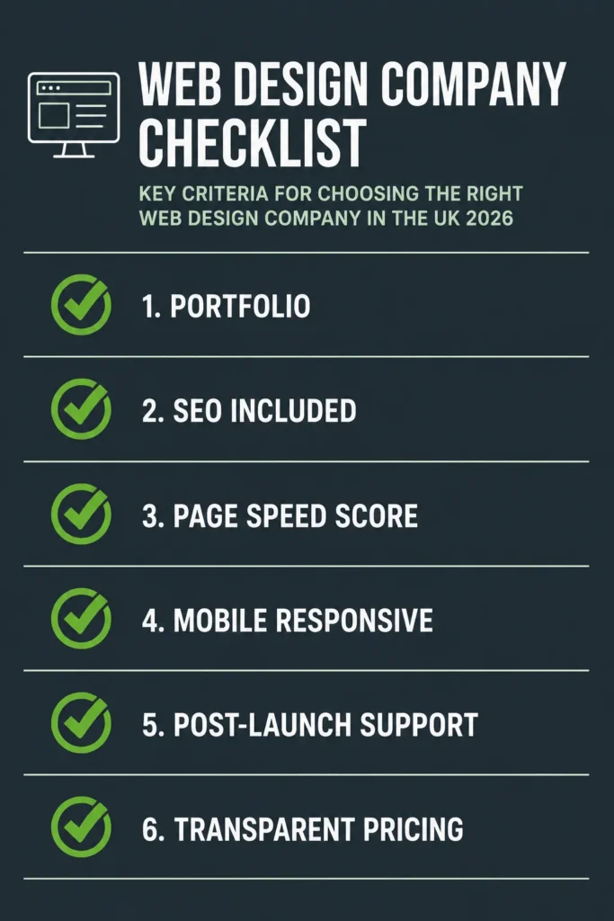 Web Design UK Experts: How to Choose the Right Company 1 Affordable web design UK company checklist showing key criteria for choosing the right provider in 2026