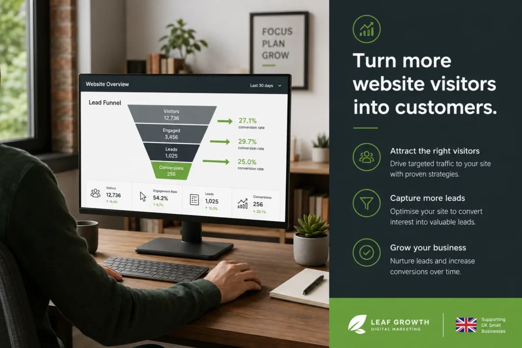 Affordable Web Design Services UK for Lead Generation Websites 1 Affordable web design UK small business owner reviewing lead generation website analytics