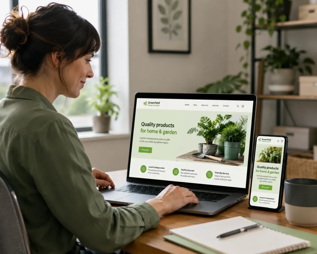 Affordable web design UK small business owner reviewing website on laptop