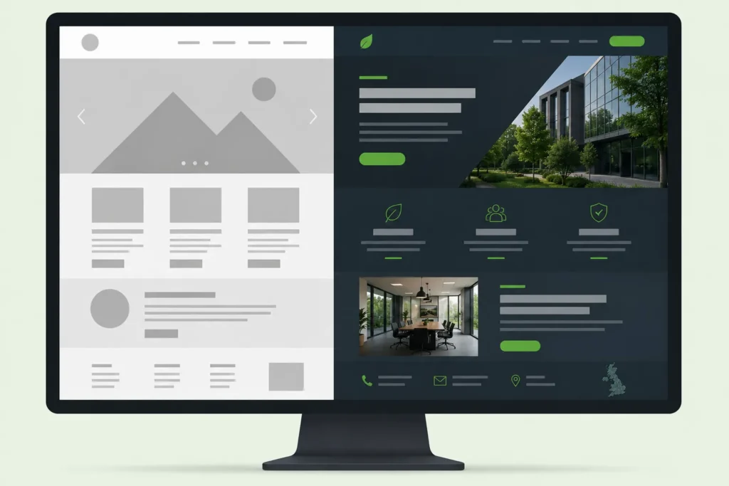 Comparing web design services options for UK businesses showing template versus bespoke professional website