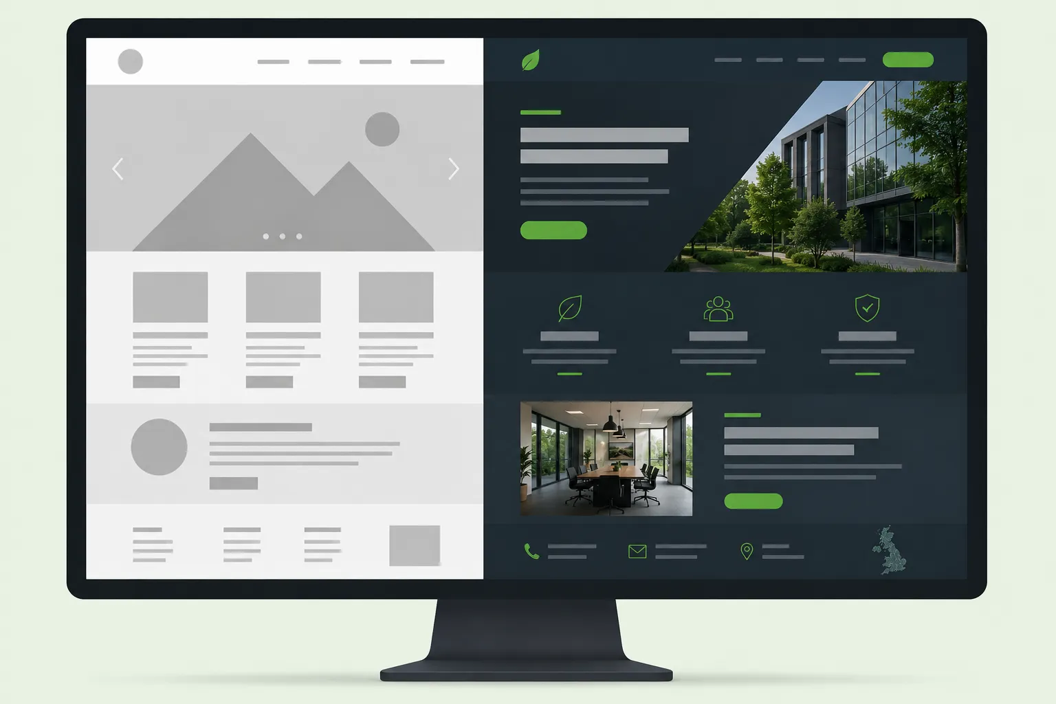 Comparing web design services options for UK businesses showing template versus bespoke professional website