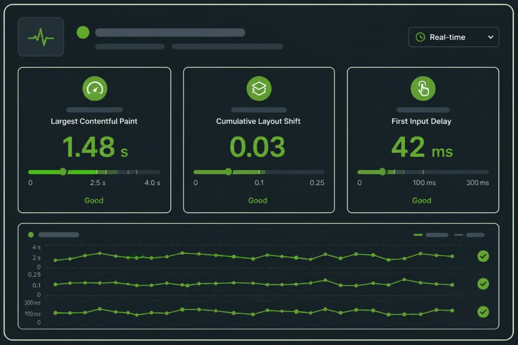  Core Web Vitals technical standards for web design services UK showing green performance scores in 2026