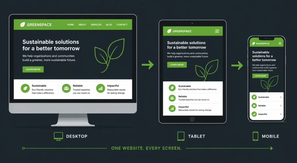 Responsive web design process showing website adapting across desktop tablet and mobile screens