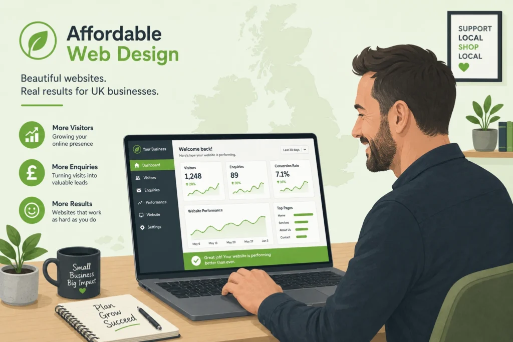 UK small business owner reviewing affordable web design results on laptop