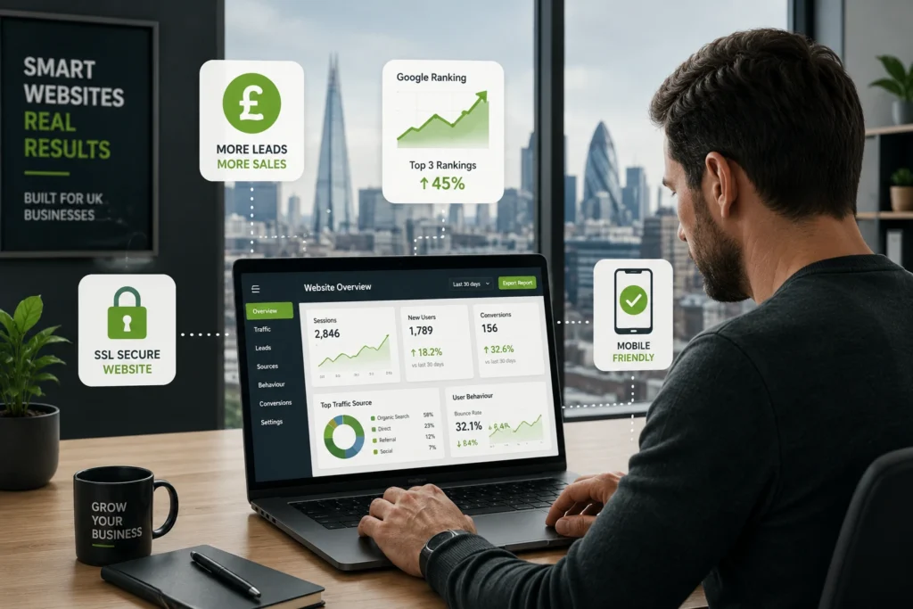 The Ultimate Guide to Website Design Services in the UK (2026) 3 UK small business owner reviewing affordable web design services results on laptop