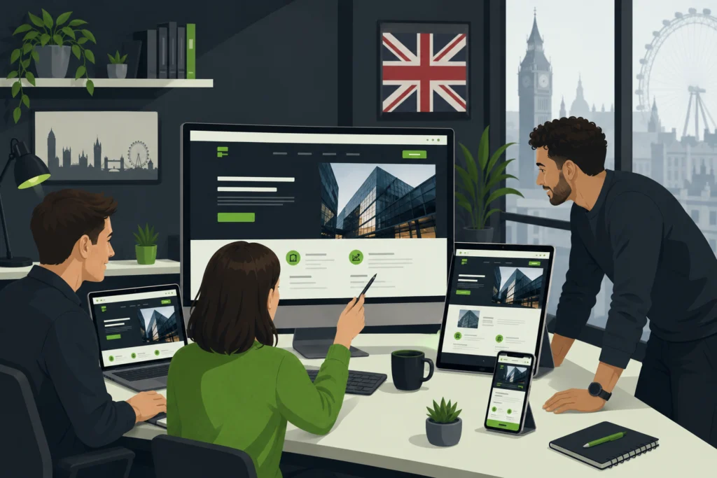 Web design UK experts reviewing responsive business website in modern London studio in 2026