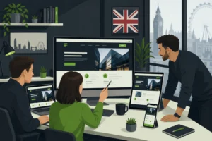 Web design UK experts reviewing responsive business website in modern London studio in 2026