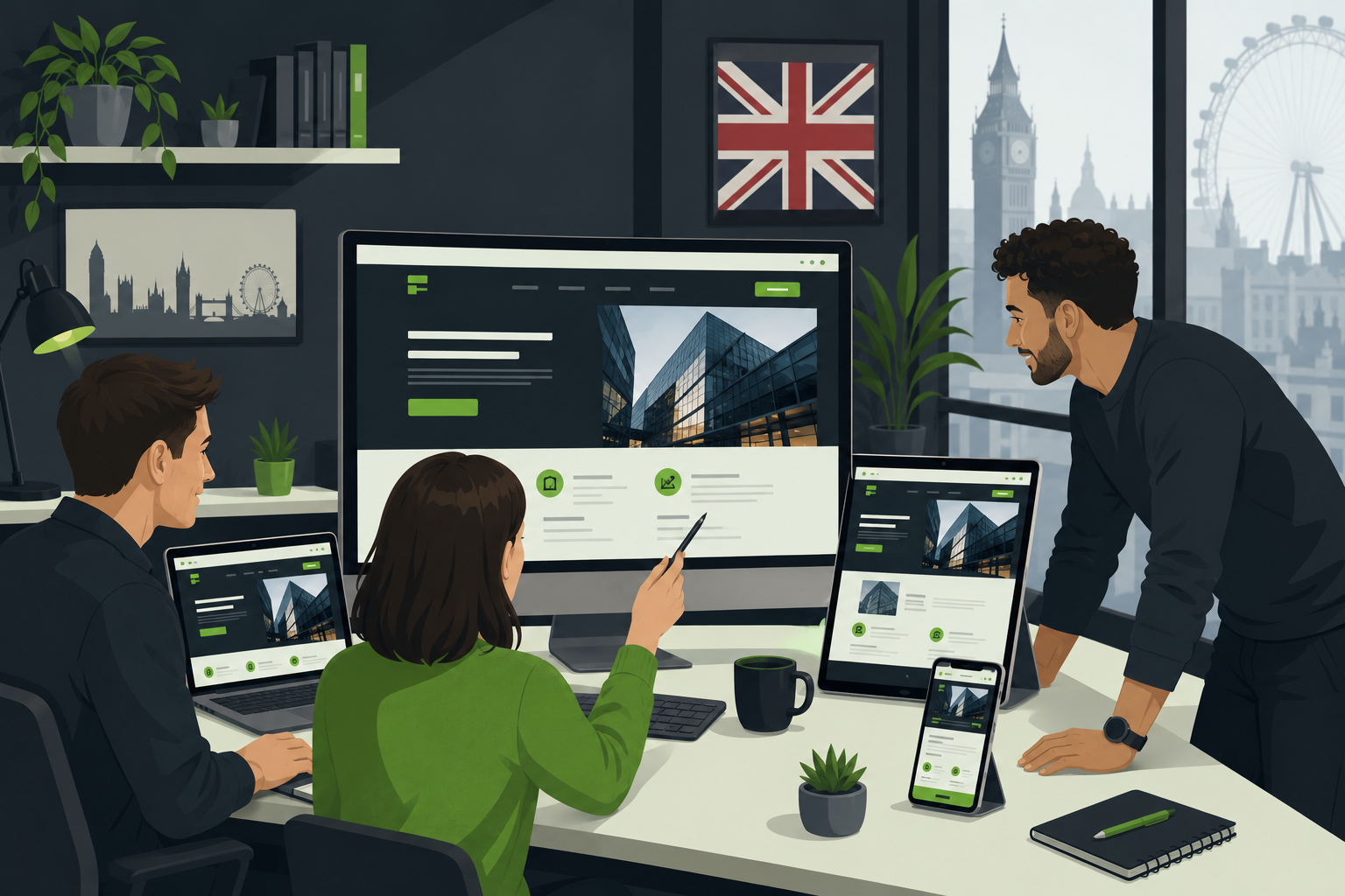 Web design UK experts reviewing responsive business website in modern London studio in 2026