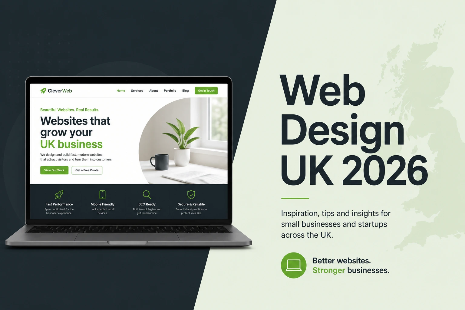 Web design UK trends 2026 hero banner showing modern website on laptop