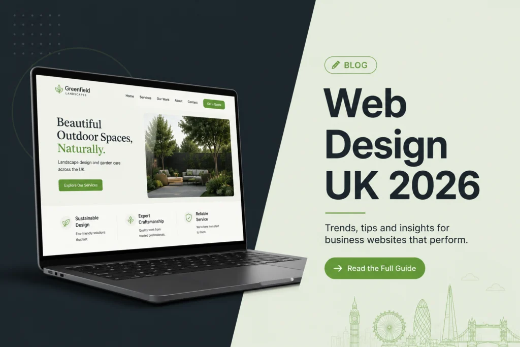 Web design UK trends 2026 hero banner showing modern website on laptop