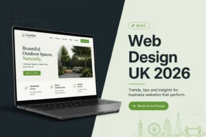 Web design UK trends 2026 hero banner showing modern website on laptop