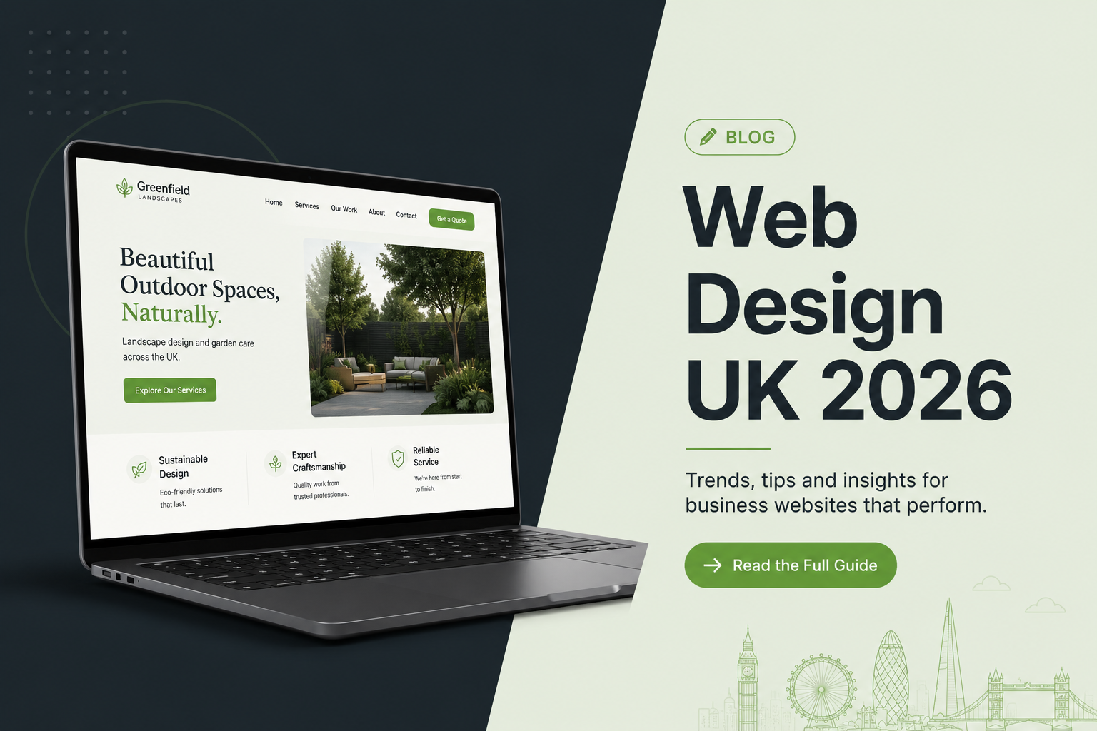 Web design UK trends 2026 hero banner showing modern website on laptop