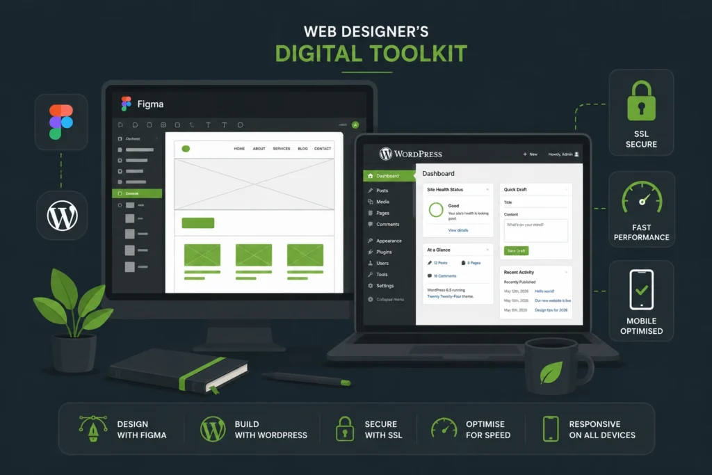Web design tools used by professional UK website designers in 2026 including WordPress and Figma